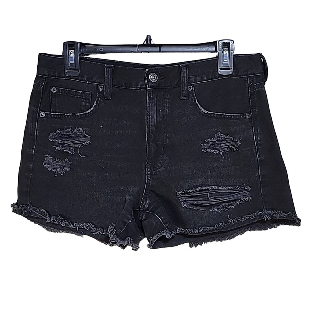 American Eagle Hi-Rise Festival Midi Black Jean Shorts, Distressed, Size 8
